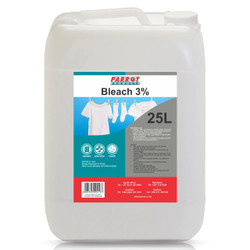 Janitorial Bleach 3% 5 Litre, white plastic container with label depicting washing, sanitizing, and draning icons.