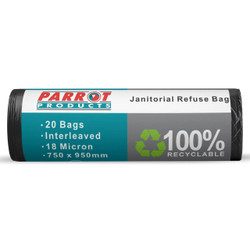 Janitorial Refuse Bag 28 Micron 750 x 950mm JA0402R, black roll of garbage bags with recycled symbol and product details on packaging.