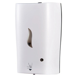 Janitorial Sanitizer Dispenser Auto JA0502AS, white automatic hand sanitizer dispenser with a sleek design and a silver dispensing spout.
