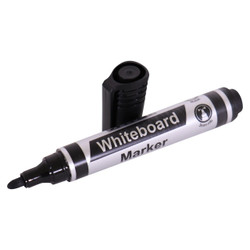 Whiteboard Marker, black bullet tip whiteboard marker with a cap and label design.