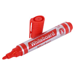 Whiteboard Markers, Set of 10 red bullet tip whiteboard markers with cap and label.