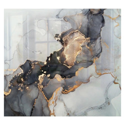 Ink Constrast Hob Splashback, an abstract marble pattern in shades of black, gray, white, and gold with metallic accents.