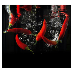 Chilli Hob Splashback, product image showing red chillies submerged in water with bubbles and ripples, 598 X 650 X 6mm SB6065CH.