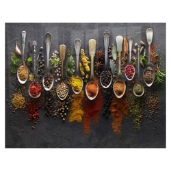 Spices Hob Splashback, 898 X 700 X 6mm, SB9070CS, with various colorful spices and herbs arranged on metal spoons and scattered on a dark surface.