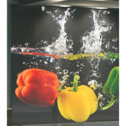 Peppers Hob Splashback, 898 x 700 x 6mm, with colorful bell peppers submerged in water with bubbles for kitchen decor.
