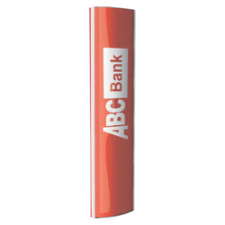 Triangular Tower Sign Frame (210x1800mm) SF3010, a red and white vertical sign with ABC Bank logo and text on a curved frame. Triangular Tower Sign Frame (210x1800mm) SF3010, a red and white vertical sign with ABC Bank logo and text on a curved frame.