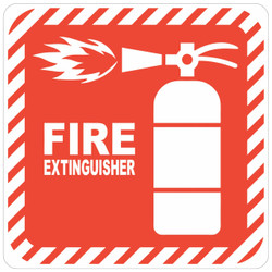 Product Red Fire Extinguisher Symbolic Sign on White ACP, fire extinguisher icon with a flame and labeled 'FIRE EXTINGUISHER' in white on a red background.