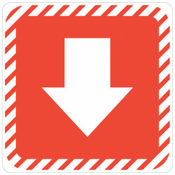 Product White Arrow with Red Symbolic Sign on White ACP (150 x 150mm) SN4103, safety directional sign featuring a downward arrow in white on an orange background with a striped border.
