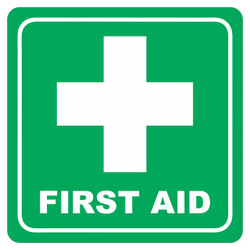 Green First Aid Symbolic Sign - Printed on White ACP, 150 x 150mm, flat square medical safety sign with a white cross and 'FIRST AID' text for emergency medical assistance.