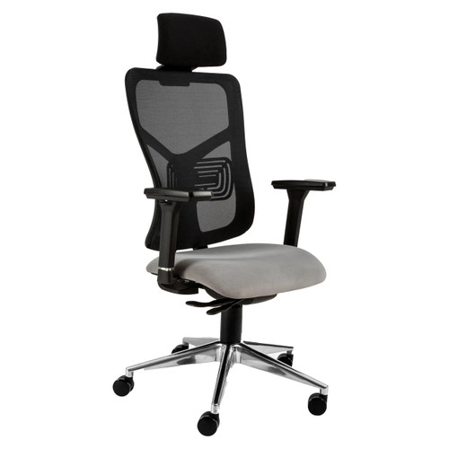 Aqua Mesh High-back Office Chair SAC-HCH-AQU, ergonomic office chair with mesh backrest, adjustable armrests, cushioned grey seat, and a headrest, on a chrome five-star base with casters for mobility.