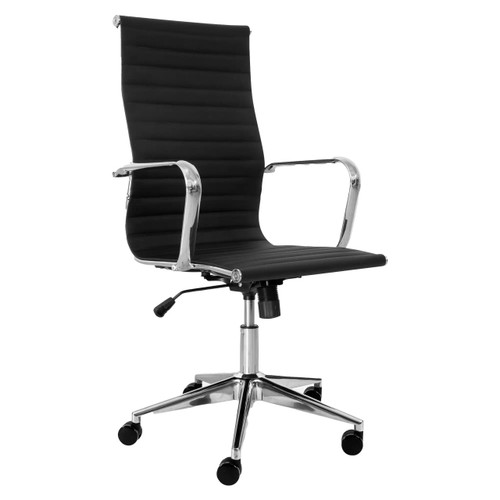 Blaze High-back Chair, modern black executive office chair with chrome armrests and a height-adjustable base. Blaze High-back Chair, modern black executive office chair with chrome armrests and a height-adjustable base.