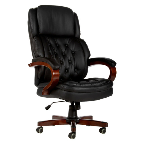 Bentley High-back Office Chair ISC-HCH-BEN, black leather executive office chair with tufted upholstery, wooden armrests, and a rolling wheeled base.