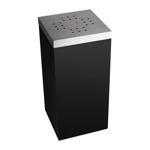 Large Ashtray Bin With a Stainless Lid, durable black waste receptacle with a stainless steel lid featuring multiple holes for cigarette disposal.