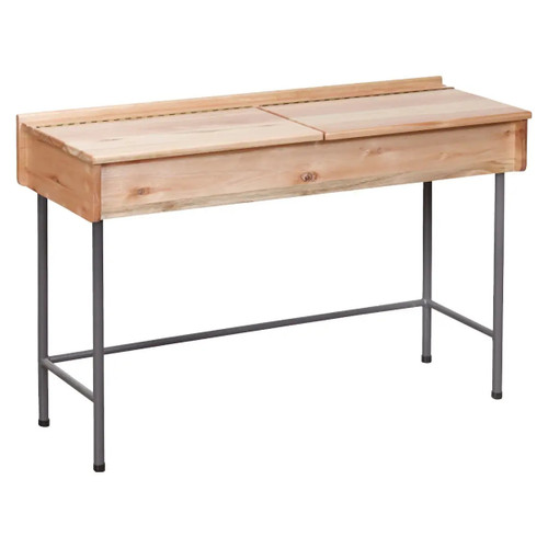 Double Boxed School Desk in Saligna Wood 1200 mm Wide, image of a sturdy school desk with double storage boxes and a saligna wood finish, supported by a metal frame.