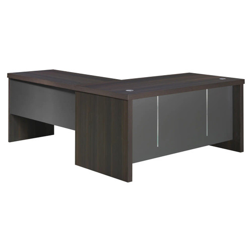1600 mm Straight Desk Shell with Optional L-Extension, modern office workspace desk with dark wood finish and gray accents. 1600 mm Straight Desk Shell with Optional L-Extension, modern office workspace desk with dark wood finish and gray accents.