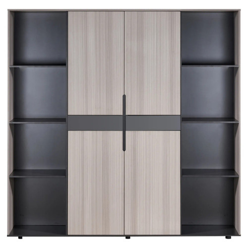 2000 mm Light Oak Executive Wall Unit, a modern wall-mounted storage unit with light oak finish and black accents, featuring open shelves and enclosed cabinets for versatile storage.