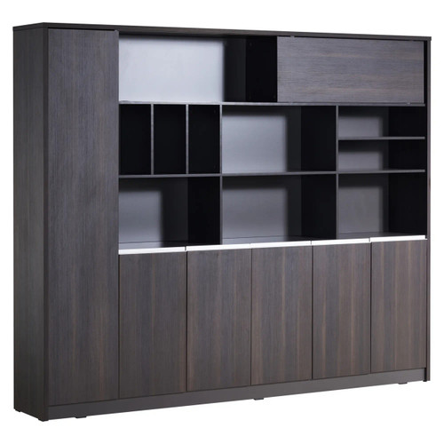 2400 mm Dark Oak Executive Wall Unit FOF-OFW-M409, Modern Black and Dark Oak Finished Storage Wall Unit with Multiple Open Shelves and Cabinets for Office or Living Room Storage.
