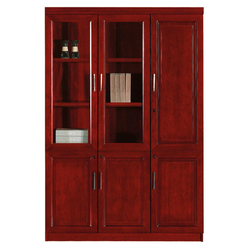 Somerset Two Glass Door with Wooden Top Wall Unit FOF-WAU-S015, showing a red wooden cabinet with two glass doors and one wooden door on top.