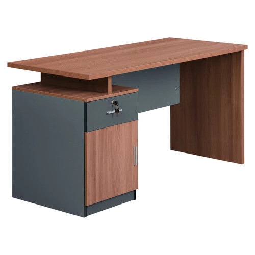 Modern Two Tone Color Desk With Built In Desk Height Pedestal, an office desk featuring a two-tone color design, a spacious wooden top, and a built-in pedestal with storage and locking capabilities.
