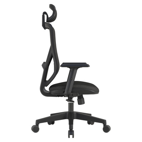 Black Pluto Mesh High-back Office Chair by 67, Featuring a Sleek Mesh Design and Adjustable Features, Showcased in a Side View with a High Backrest and Five-Star Base with Casters, Embodying Comfort and Modern Style as a High-back Chair.