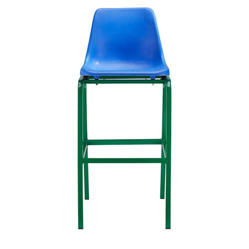 Bucket Heavy Duty Four Legged Chair KAR-OCH-BUC, blue plastic seat with four green metal legs.