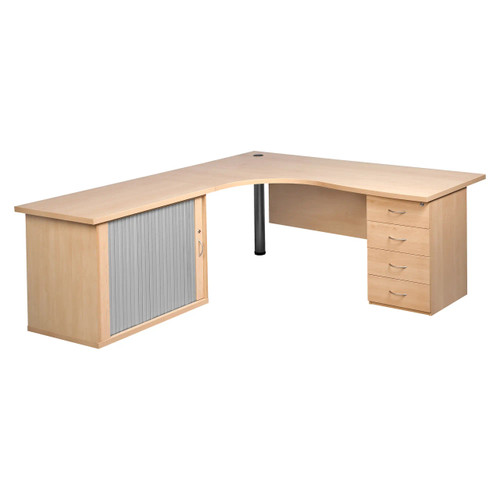 Pulse Office Cluster Desk with Four Drawer Desk High Pedestal And Roller Door Credenza, light wood office desk with attached side cabinet and drawers Pulse Office Cluster Desk with Four Drawer Desk High Pedestal And Roller Door Credenza, light wood office desk with attached side cabinet and drawers
