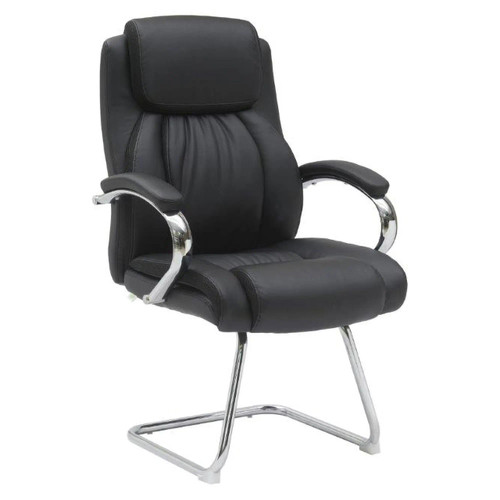 Chrome Executive Visitor Office Chair, black leather padded seat with ergonomic design, chrome armrests and base. Chrome Executive Visitor Office Chair, black leather padded seat with ergonomic design, chrome armrests and base.
