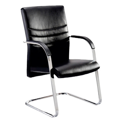 Acta Visitor Armchair, black leather upholstered chair with a high backrest and chrome metal frame for office or reception area seating. Acta Visitor Armchair, black leather upholstered chair with a high backrest and chrome metal frame for office or reception area seating.