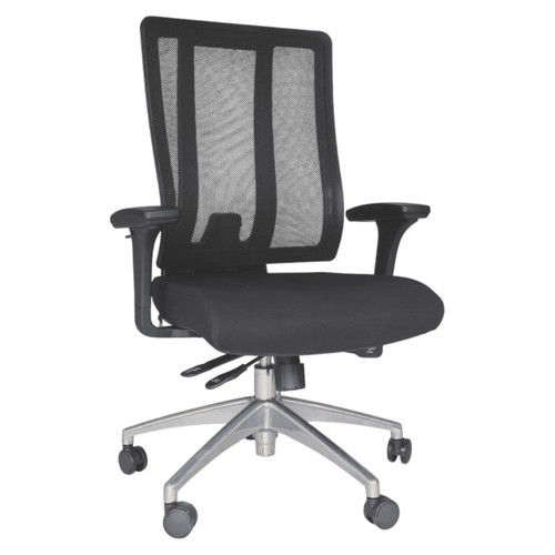 Jankz Human Ergo Medium-back Office Chair, Black Mesh Ergonomic Office Chair with Adjustable Armrests and a Cushioned Seat on a Silver Five-Star Wheeled Base.