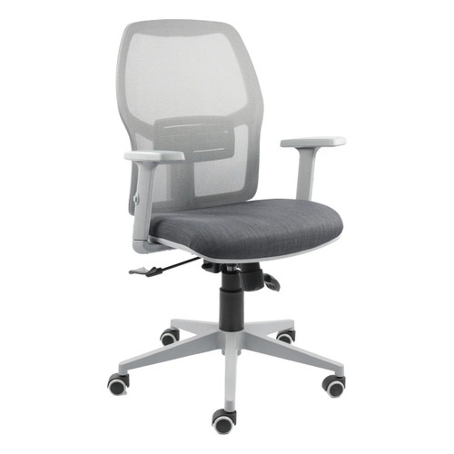 Airo Medium-back Office Chair Grey, ergonomic office chair with a grey mesh backrest, black cushioned seat, adjustable armrests, and a sturdy base with wheels.