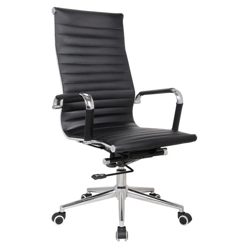 Classic Eames Leather High-back Office Chair, black leather upholstery with chrome accents and adjustable height, on a five-star wheeled base. Classic Eames Leather High-back Office Chair, black leather upholstery with chrome accents and adjustable height, on a five-star wheeled base.