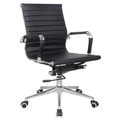 Classic Eames Leather Medium-Back Office Chair by 67, featuring a black leather seat and backrest, silver metal frame, and five-star base with wheels, ideal for home office delivery, providing comfort and style for modern workspaces.
