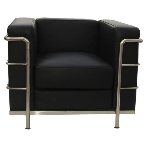 Le Cube Le Corbusier Sofa, modern black leather sofa with chrome metal armrests, sleek and stylish design.