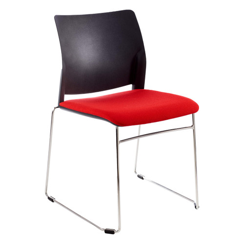 Alfa Polymer Sleigh-base Side Chair, modern black and red upholstered seat with a sleigh-style chrome metal frame. Alfa Polymer Sleigh-base Side Chair, modern black and red upholstered seat with a sleigh-style chrome metal frame.