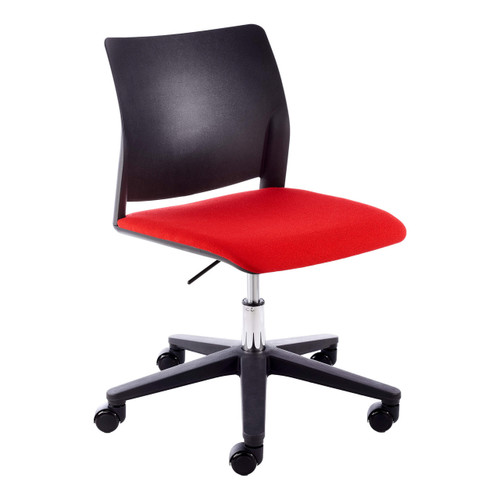 Alfa Polymer Swivel-only Side Chair Without Arms, modern office chair with a black plastic frame, red cushioned seat, black backrest, and five-wheel base for mobility.
