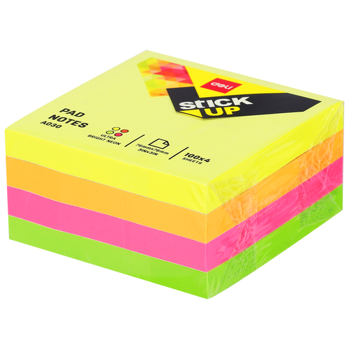 STICKY NOTES 76x76mm 100 SHEETS PINK,BLUE,YELLOW,GREEN NEON - EA03003