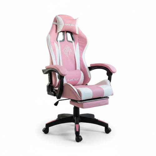 Reclining Ergonomic Gaming Chair with Adjustable Footrest & Lumbar Support - Pink & White Reclining Ergonomic Gaming Chair with Adjustable Footrest & Lumbar Support - Pink & White
