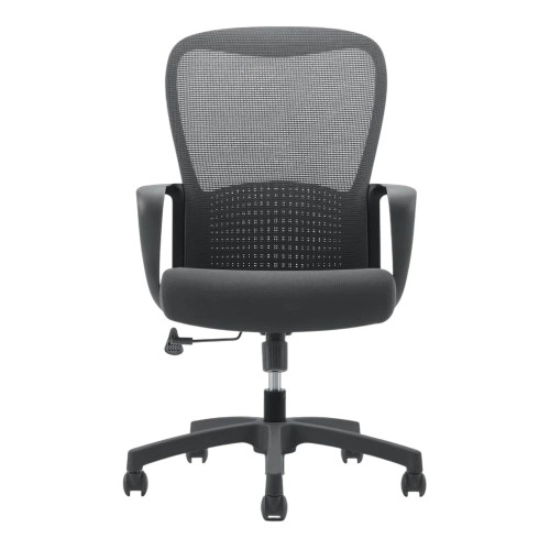 The Black Mesh Medium-Back Office Chair features a black mesh backrest, padded seat, chrome base, and nylon castors. Sleek ergonomic design with adjustable height and sturdy frame.