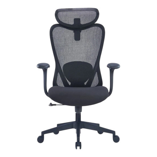 The Black Mesh with Black Nylon Frame High-Back Office Chair features a tall mesh back with adjustable headrest, padded armrests, and a durable black nylon frame and base.
