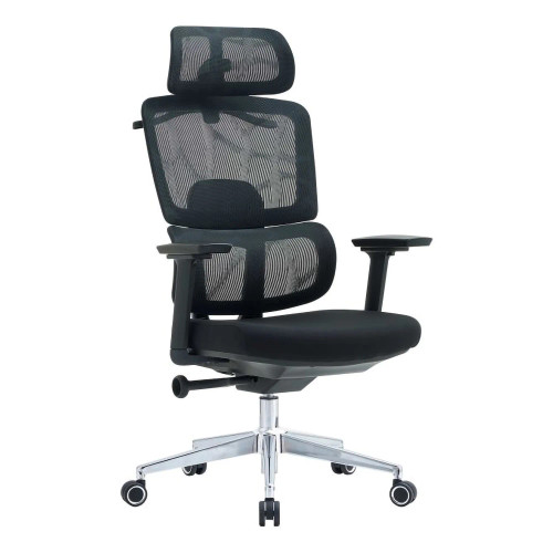 Black Mesh High-back Office Chair with Chrome Frame, Adjustable Headrest and Armrests, on Five-Star Silver Base with Wheels, Showcasing Ergonomic Design and Sleek Aesthetic, Ideal as a Chrome Frame Office Chair.