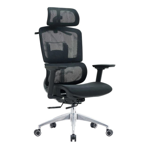 The Black Mesh with Aluminium Frame High-Back Office Chair features a mesh back, adjustable headrest, 3D arms, and an aluminium base with nylon castors.