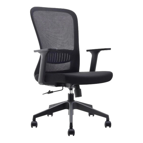 Black Mesh Office Chair with Black Nylon Frame, Medium-back, and Lumbar Support, Featuring a Sleek Design and Adjustable Features, from Brand 67, Showcasing a Sturdy Base and Armrests, Ideal as a Lumbar Support Chair.