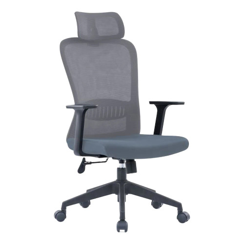 The Grey Mesh with Black Frame High-Back Office Chair features a grey mesh back with adjustable headrest, black nylon frame, and base with castors.