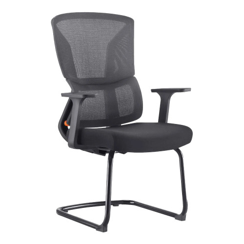 The Black Mesh with Black Steel Sleigh Frame Visitor Office Chair features a black mesh back, fixed armrests, and a sleek black steel sleigh base.