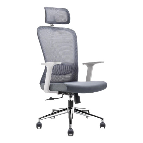 The Grey Mesh with White Frame High-Back Office Chair features a grey mesh back with adjustable headrest, white nylon frame, and chrome base.