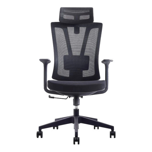 Black Mesh High-back Office Chair with Black Nylon Frame, Adjustable Headrest and Ergonomic Design, from 67 Brand, Ideal for South Africa Office Furniture, Featuring a Sturdy Base and Armrests, in a Sleek and Modern Style.