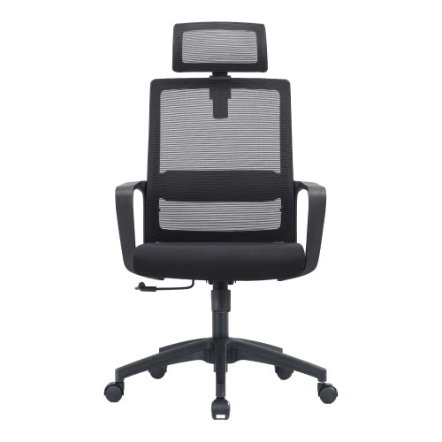 Black Mesh High-back Office Chair with Aluminium Frame, Adjustable Headrest and Armrests, on Five-Star Base with Castors, by 67, Featuring a Sturdy 20kg Ergonomic Design with Breathable Mesh Back and Seat, in a Sleek Black Finish.