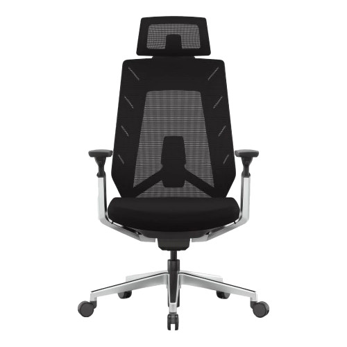Black Mesh High-back Office Chair with Chrome Frame, Featuring Adjustable Headrest and Armrests, on a Five-Legged Base with Wheels, Showcasing Ergonomic Design and Sturdy Build, Ideal for Comfort and Support in Office Settings.