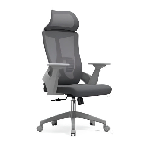 Grey ergonomic office chair with high back and adjustable headrest, featuring breathable mesh material and sturdy grey frame, on five-star base with casters, by brand 67, showcasing a sleek and modern design for comfortable seating.