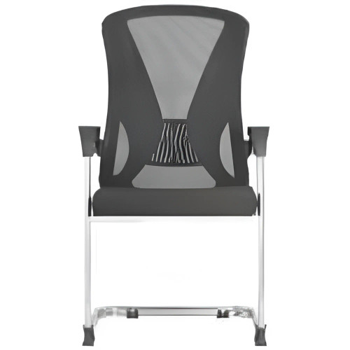 C4014B Black Mesh Visitor Office Chair by 67, Featuring a Black Mesh Back with Chrome Frame, Ideal for Educational Institution Seating, Showcasing a Ventilated Design for Comfort and Support with a Sturdy Metal Base and Armrests.